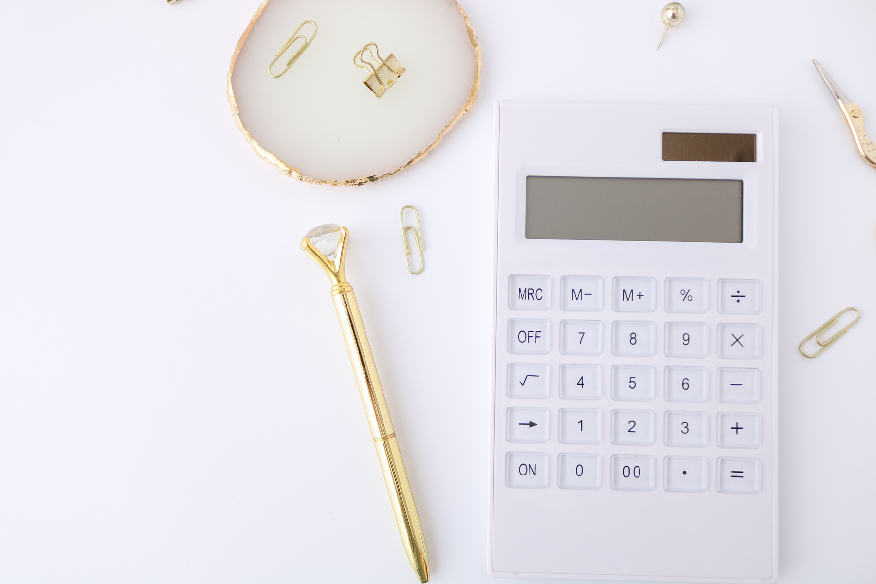 Office Supplies Flat Lay  on White Background
